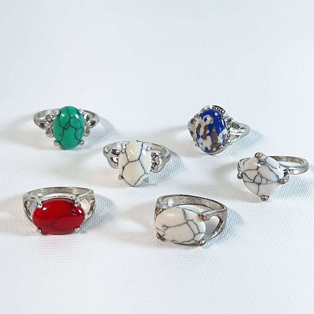 Lot of 6 Silver Tone Polished Natural Stone Rings
